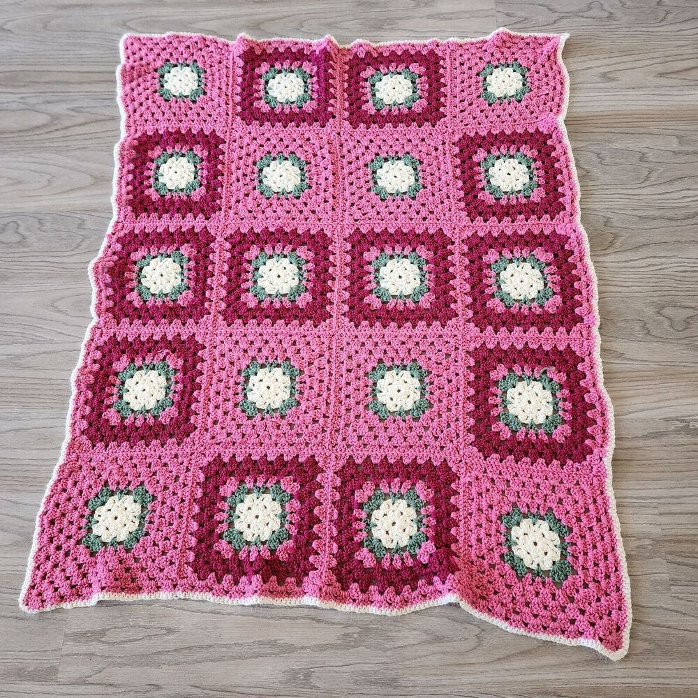 Handmade Crochet Knit THROW Lap Chair  Crib BLANKET Granny Squares 52"X40" Rose